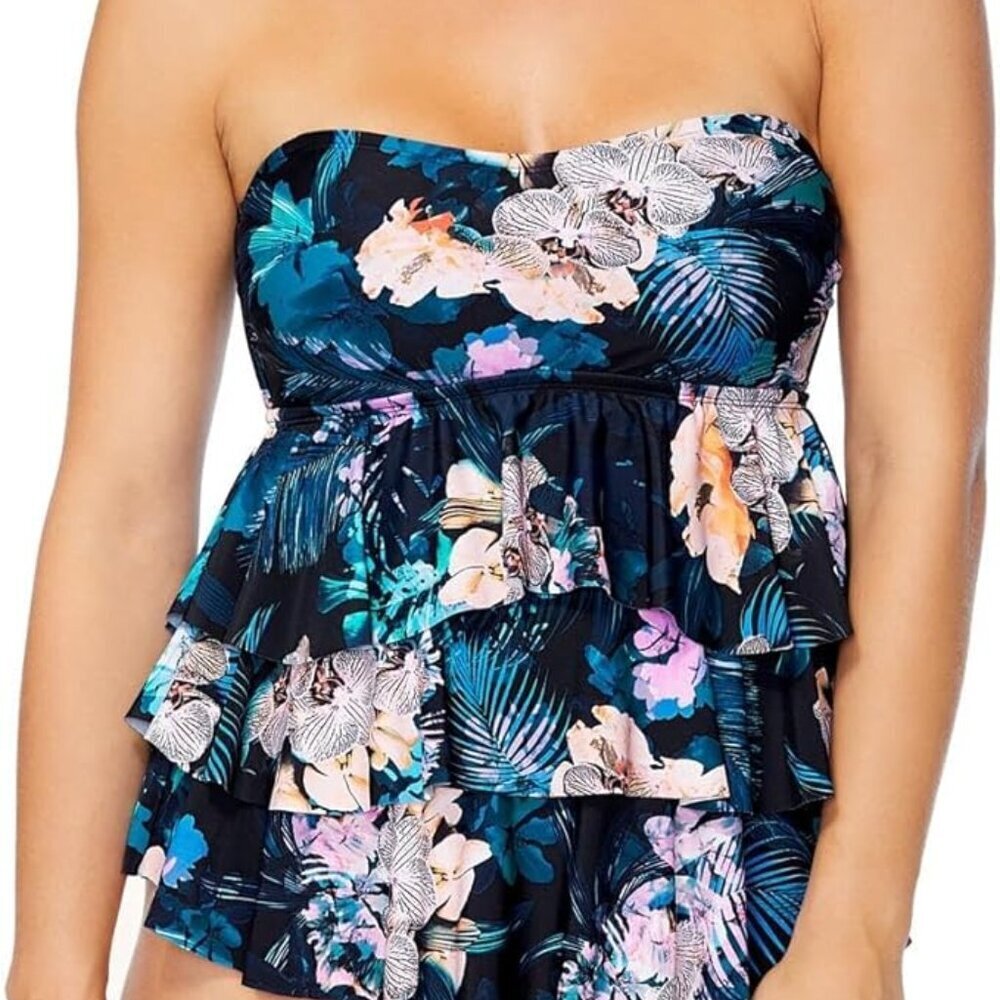 ISLAND ESCAPE MACYS BLACK FLORAL TIERED REMOVABLE STRAPS TANKINI TOP SIZE 6 NWT